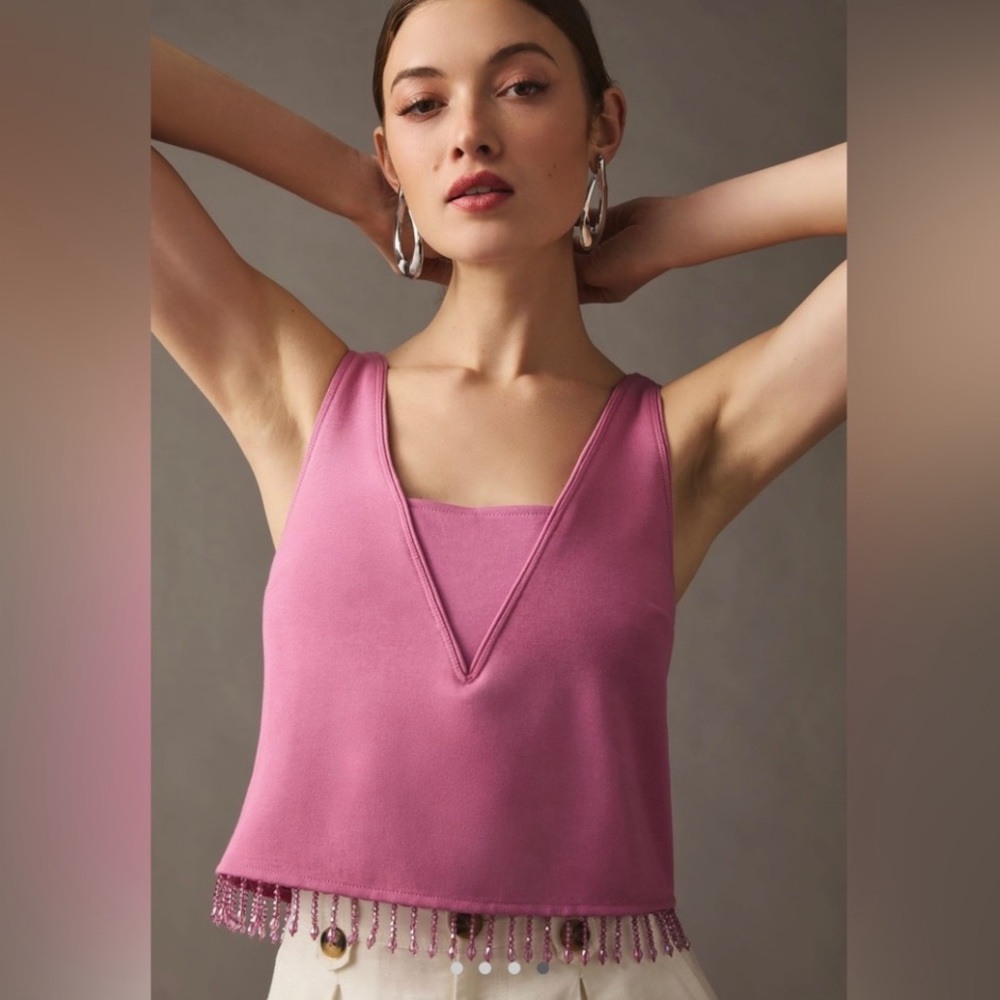 Anthropologie Pink Beaded Hem Tank Top